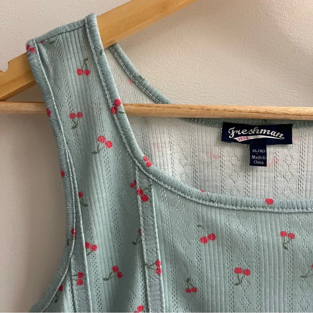 [freshman] cherry print corset seam pointelle tank top light blue XL